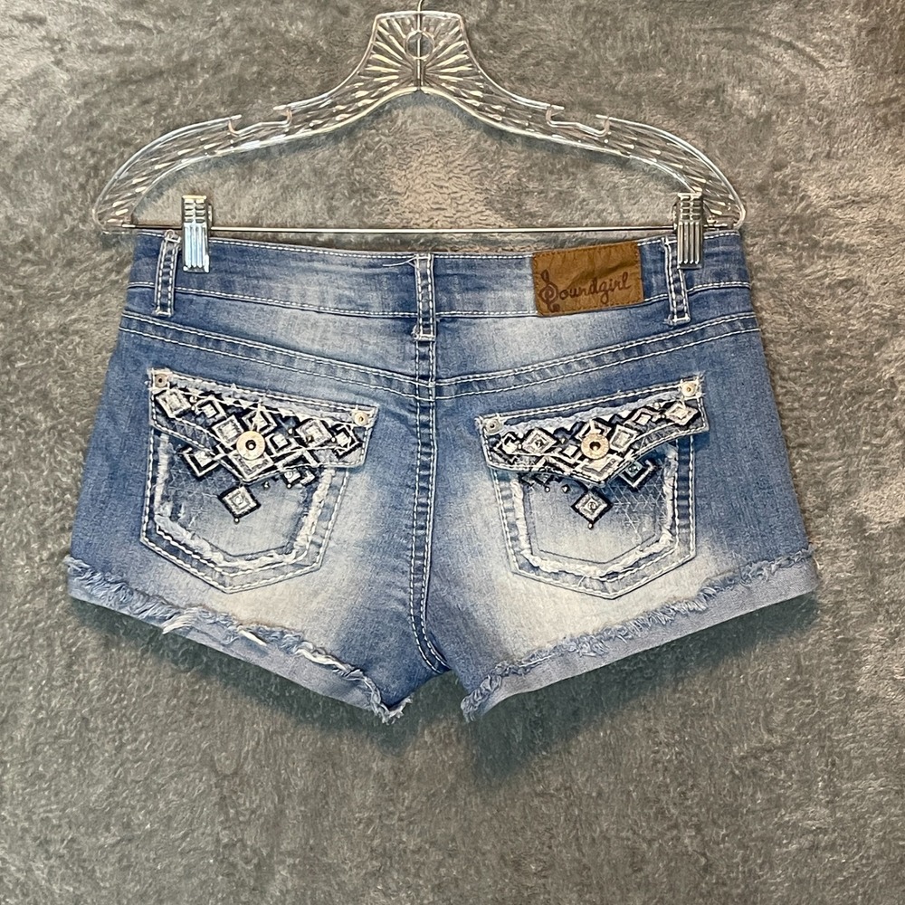 Soundgirl Juniors Low Rise Faded Denim Short 9 Embroidered McBling Western Indie
